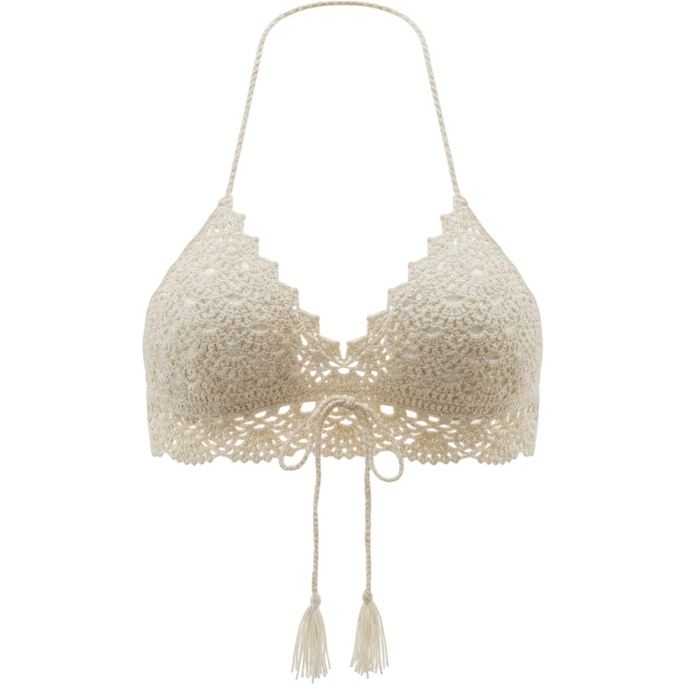 India Boutique Cream Crochet Halter Top Boho Festival Tassel Tie Back Lined